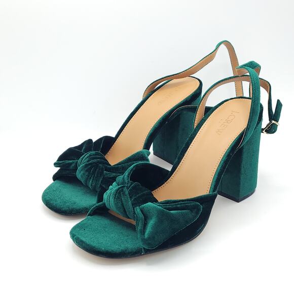 J. Crew green velvet knotted peep toe sandal block heel women's size 10 - Picture 1 of 11